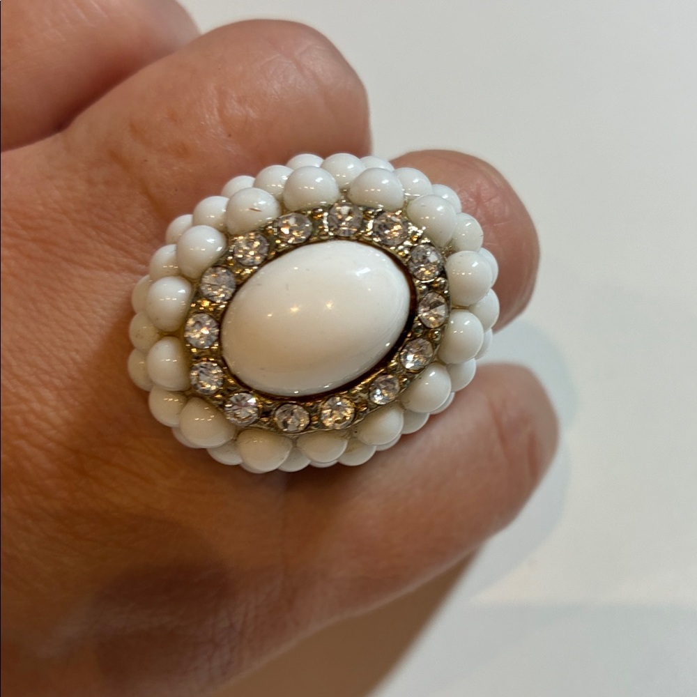Large vintage milk glass  White Beaded Ring with Crystal Accents